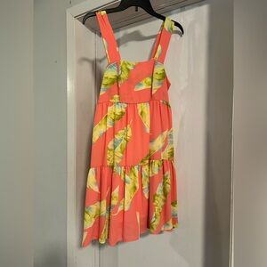 Adrienne Coral and Yellow Leaf Print Kids Dress